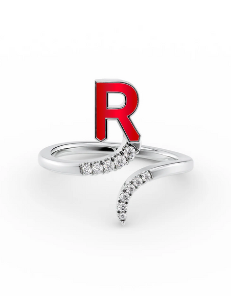 Red R 14K White Gold Initial Letter Dainty Ring
