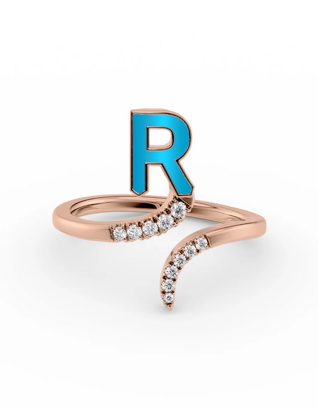 Turquoise R 14K Rose Gold Initial Letter Dainty Ring