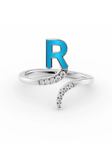 Turquoise R 14K White Gold Initial Letter Dainty Ring