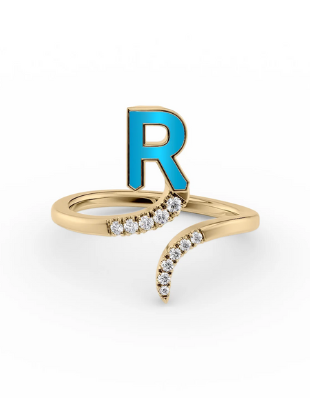 Turquoise R 14K Yellow Gold Initial Letter Dainty Ring