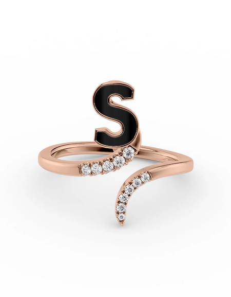 Black S 14K Rose Gold Initial Letter Dainty Ring