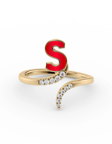 Red S 14K Yellow Gold Initial Letter Dainty Ring