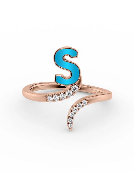 Turquoise S 14K Rose Gold Initial Letter Dainty Ring
