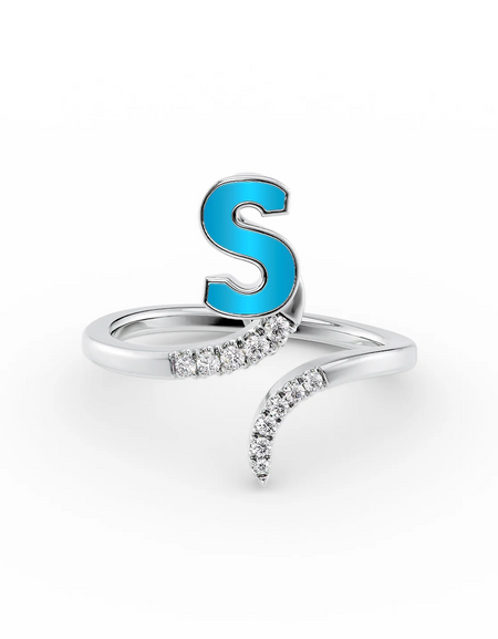 Turquoise S 14K White Gold Initial Letter Dainty Ring