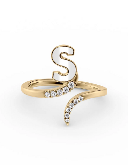 White S 14K Yellow Gold Initial Letter Dainty Ring