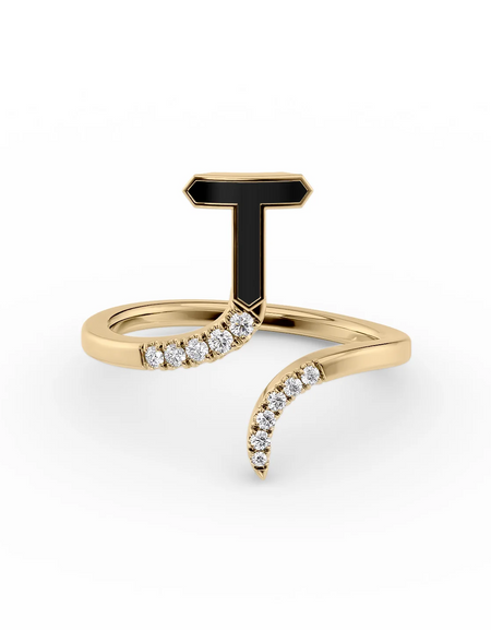 Black T 14K Yellow Gold Initial Letter Dainty Ring
