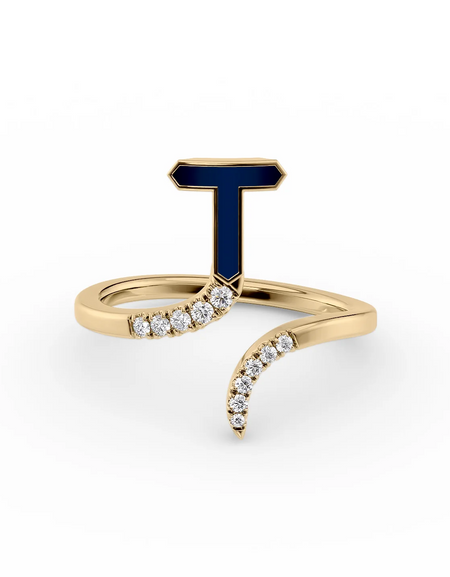 Blue T 14K Yellow Gold Initial Letter Dainty Ring
