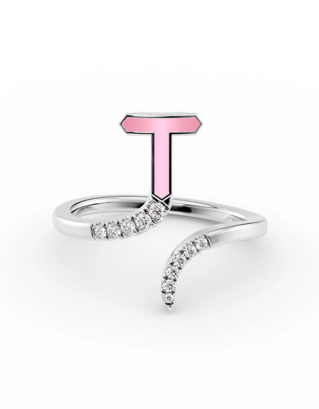 Pink T 14K White Gold Initial Letter Dainty Ring