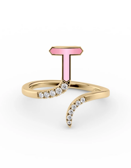 Pink T 14K Yellow Gold Initial Letter Dainty Ring