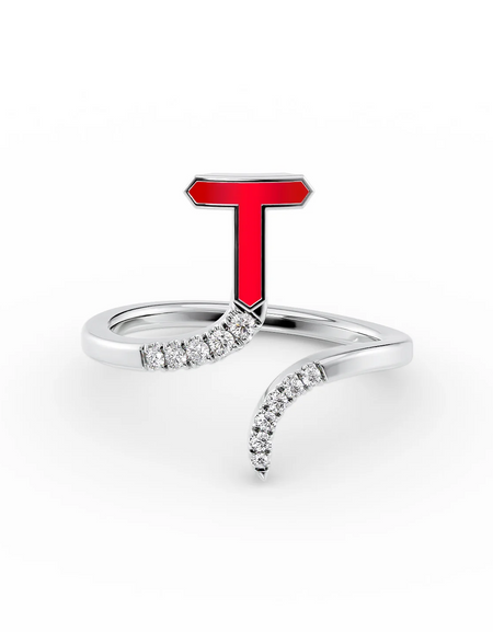 Red T 14K White Gold Initial Letter Dainty Ring