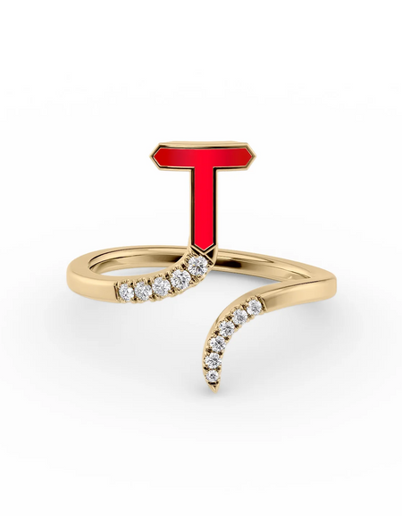 Red T 14K Yellow Gold Initial Letter Dainty Ring