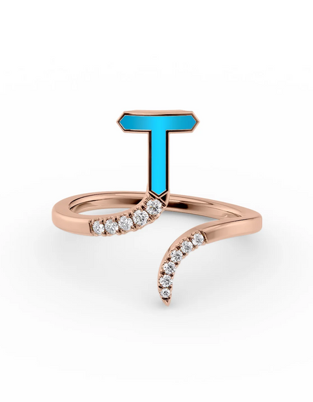 Turquoise T 14K Rose Gold Initial Letter Dainty Ring