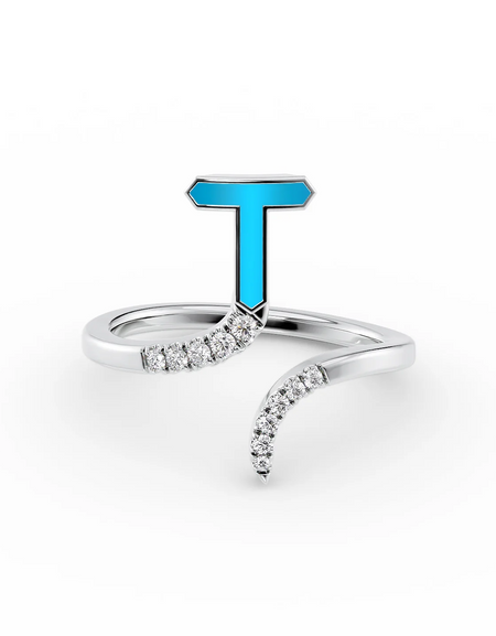 Turquoise T 14K White Gold Initial Letter Dainty Ring