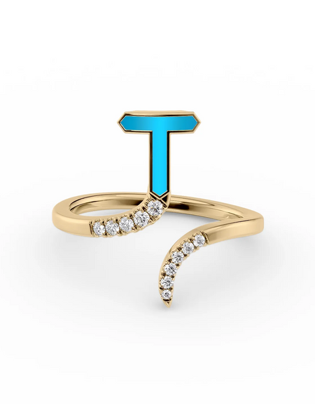 Turquoise T 14K Yellow Gold Initial Letter Dainty Ring
