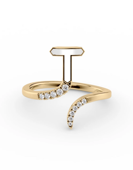 White T 14K Yellow Gold Initial Letter Dainty Ring