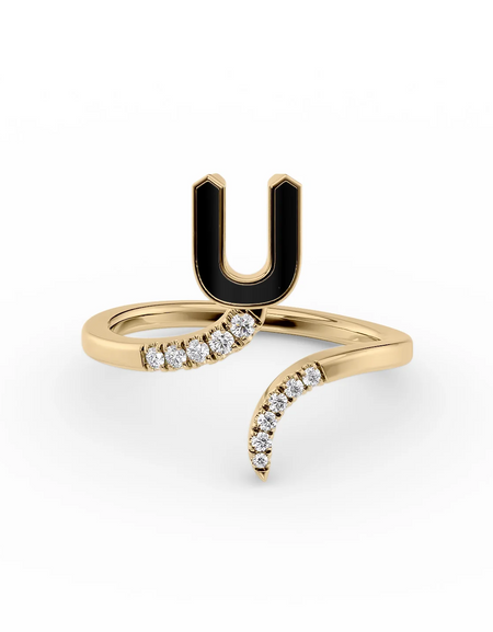 Black U 14K Yellow Gold Initial Letter Dainty Ring