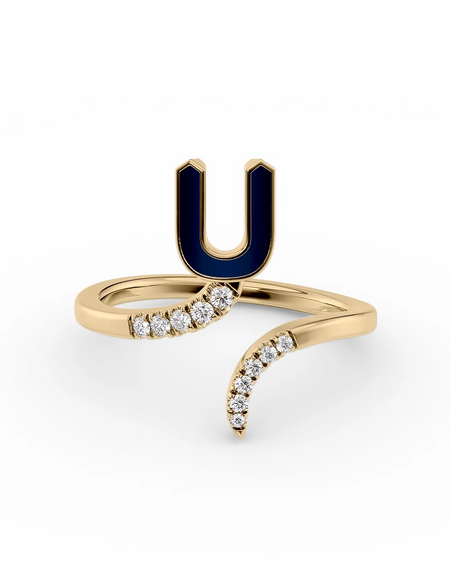 Blue U 14K Yellow Gold Initial Letter Dainty Ring