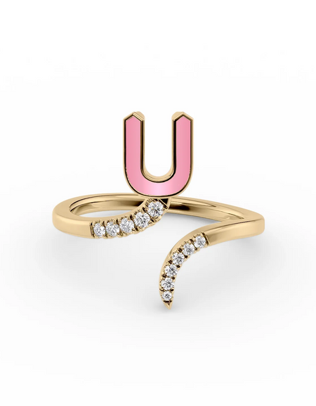Pink U 14K Yellow Gold Initial Letter Dainty Ring