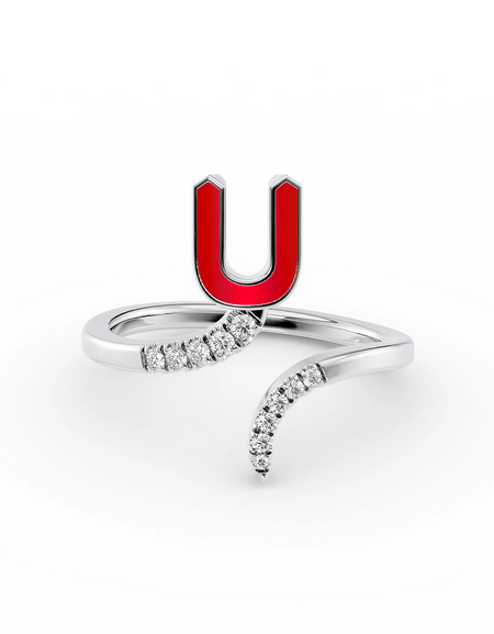 Red U 14K White Gold Initial Letter Dainty Ring