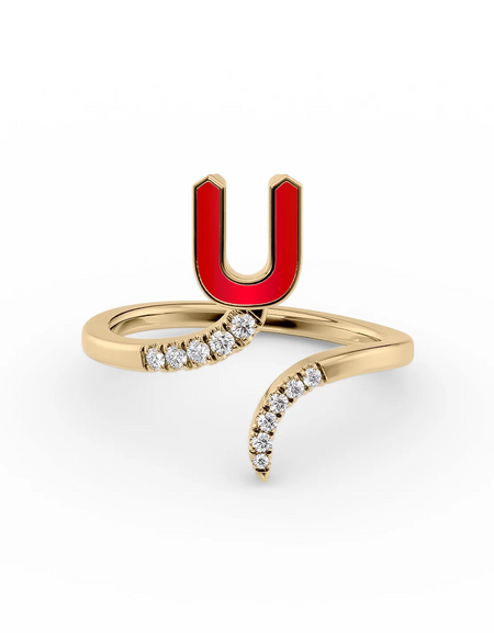 Red U 14K Yellow Gold Initial Letter Dainty Ring