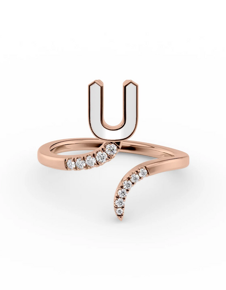 White U 14K Rose Gold Initial Letter Dainty Ring