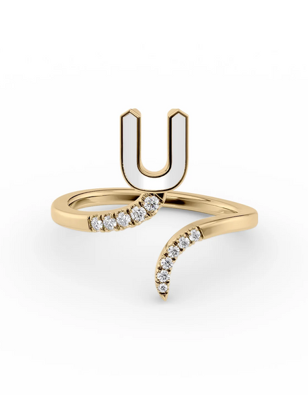 White U 14K Yellow Gold Initial Letter Dainty Ring