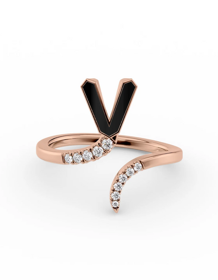 Black V 14K Rose Gold Initial Letter Dainty Ring