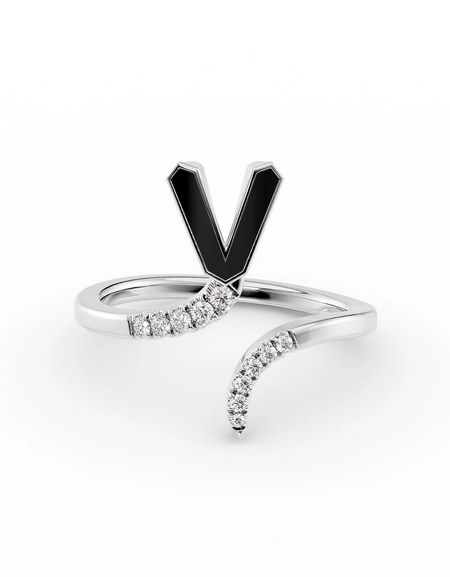 Black V 14K White Gold Initial Letter Dainty Ring