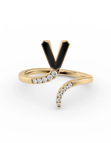 Black V 14K Yellow Gold Initial Letter Dainty Ring