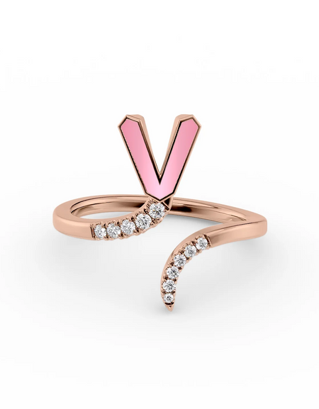 Pink V 14K Rose Gold Initial Letter Dainty Ring