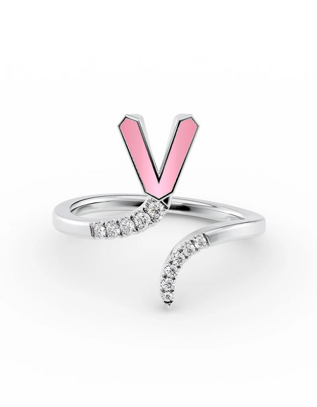 Pink V 14K White Gold Initial Letter Dainty Ring