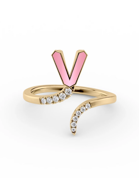 Pink V 14K Yellow Gold Initial Letter Dainty Ring