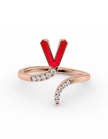 Red V 14K Rose Gold Initial Letter Dainty Ring