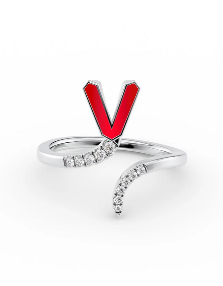 Red V 14K White Gold Initial Letter Dainty Ring