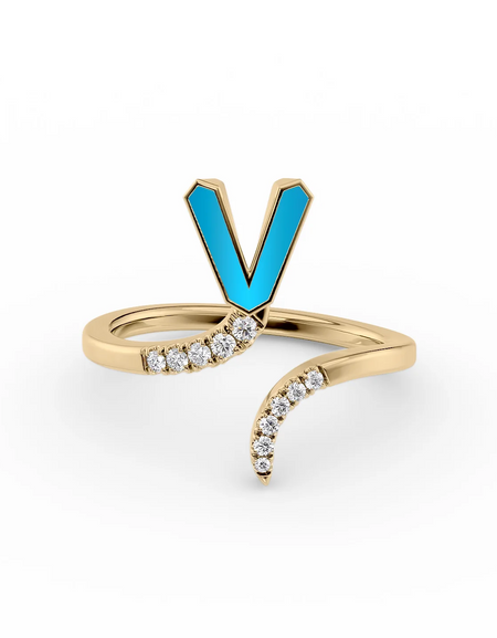 Turquoise V 14K Yellow Gold Initial Letter Dainty Ring