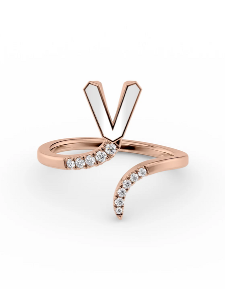 White V 14K Rose Gold Initial Letter Dainty Ring