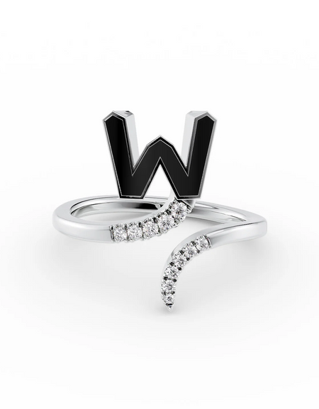 Black W 14K White Gold Initial Letter Dainty Ring
