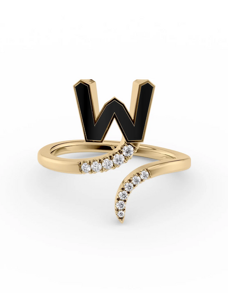 Black W 14K Yellow Gold Initial Letter Dainty Ring