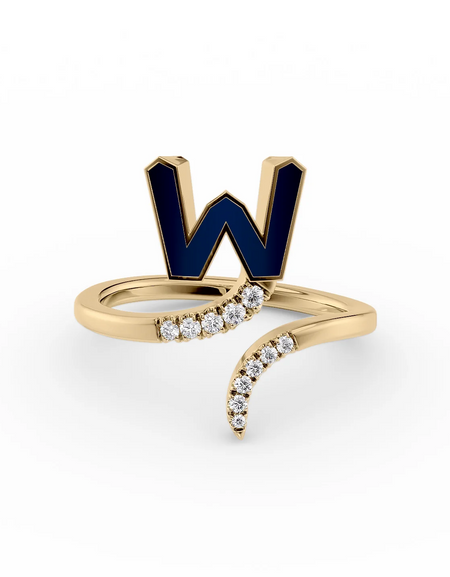 Blue W 14K Yellow Gold Initial Letter Dainty Ring