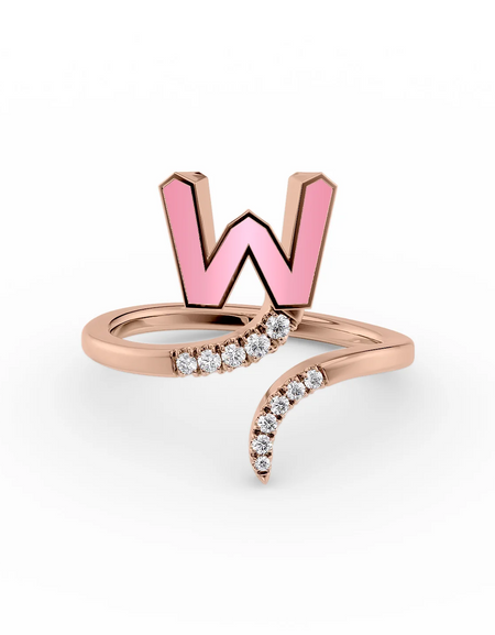 Pink W 14K Rose Gold Initial Letter Dainty Ring