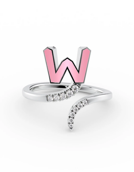 Pink W 14K White Gold Initial Letter Dainty Ring