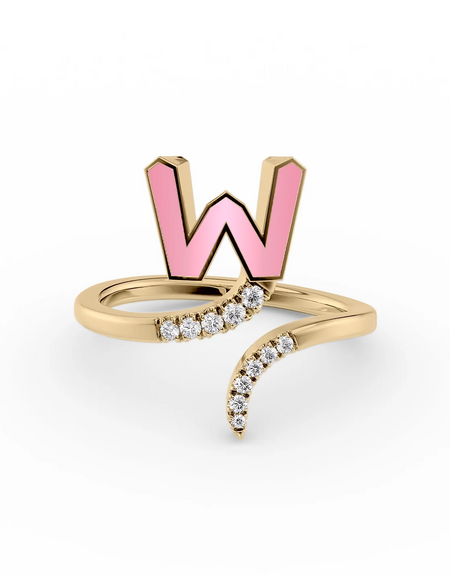 Pink W 14K Yellow Gold Initial Letter Dainty Ring