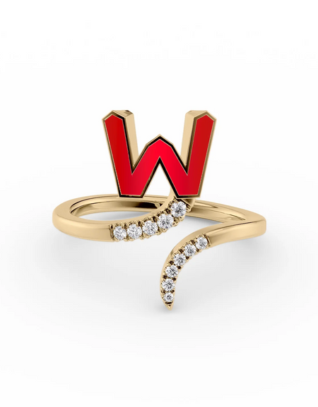 Red W 14K Yellow Gold Initial Letter Dainty Ring