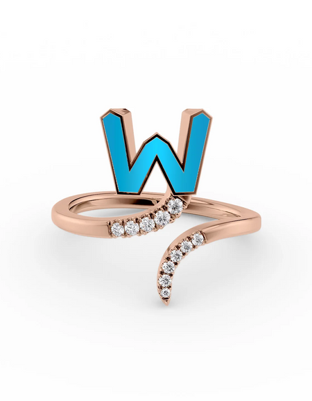 Turquoise W 14K Rose Gold Initial Letter Dainty Ring