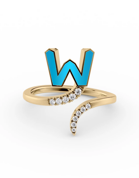 Turquoise W 14K Yellow Gold Initial Letter Dainty Ring