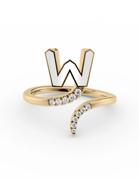 White W 14K Yellow Gold Initial Letter Dainty Ring