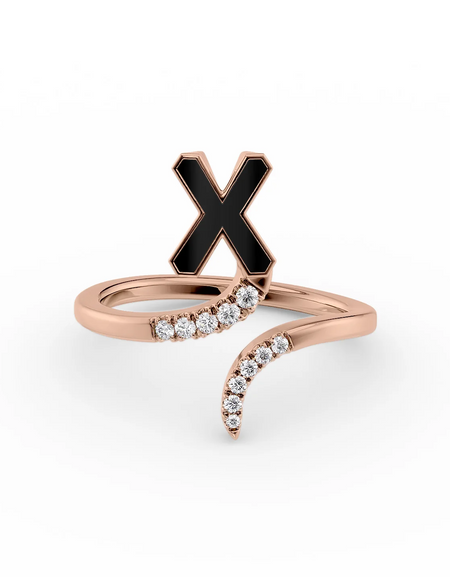 Black X 14K Rose Gold Initial Letter Dainty Ring