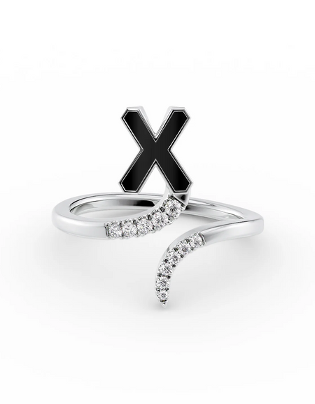 Black X 14K White Gold Initial Letter Dainty Ring