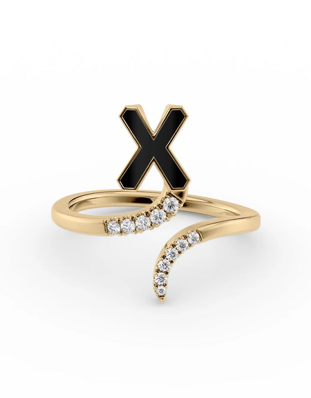 Black X 14K Yellow Gold Initial Letter Dainty Ring