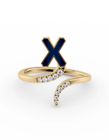 Blue X 14K Yellow Gold Initial Letter Dainty Ring
